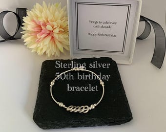 Sterling Silver 50th bracelet. 50th birthday gift. 50th birthday gift for her. 50th jewellery. Silver Stretch bracelet
