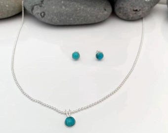 Sterling silver Turquoise necklace and stud earring set. December birthstone gift for her. Gemstone pendant