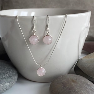 Rose quartz necklace and earring set. Sterling Silver and rose quartz jewellery set. Rose quartz jewellery. Rose quartz necklace. image 1