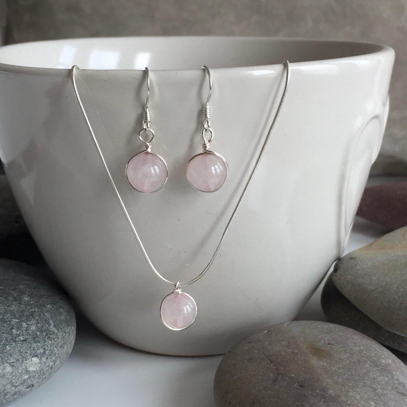 Rose quartz necklace and earring set. Sterling Silver and rose quartz jewellery set. Rose quartz jewellery. Rose quartz necklace. image 1