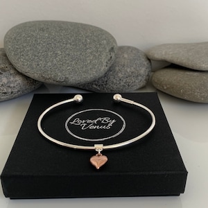 Sterling Silver heart bangle. Rose gold heart bangle. Heart jewellery. Mixed metal bangle. Heart bracelet. Gift for her