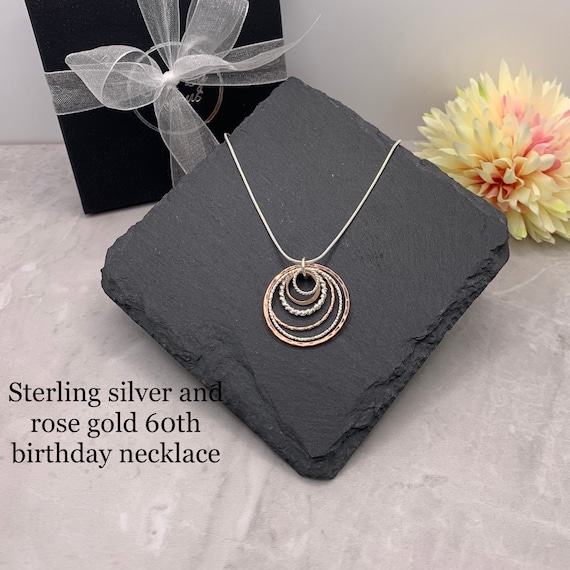 Sterling Silver and rose gold 60th birthday necklace. 60th birthday gift.  Mixed metal birthday necklace. 60th gift for her. 60th necklace.