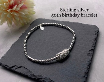 Sterling Silver 50th  bracelet. 50th birthday gift. 50th birthday gift for her. 50th jewellery. Silver Stretch bracelet