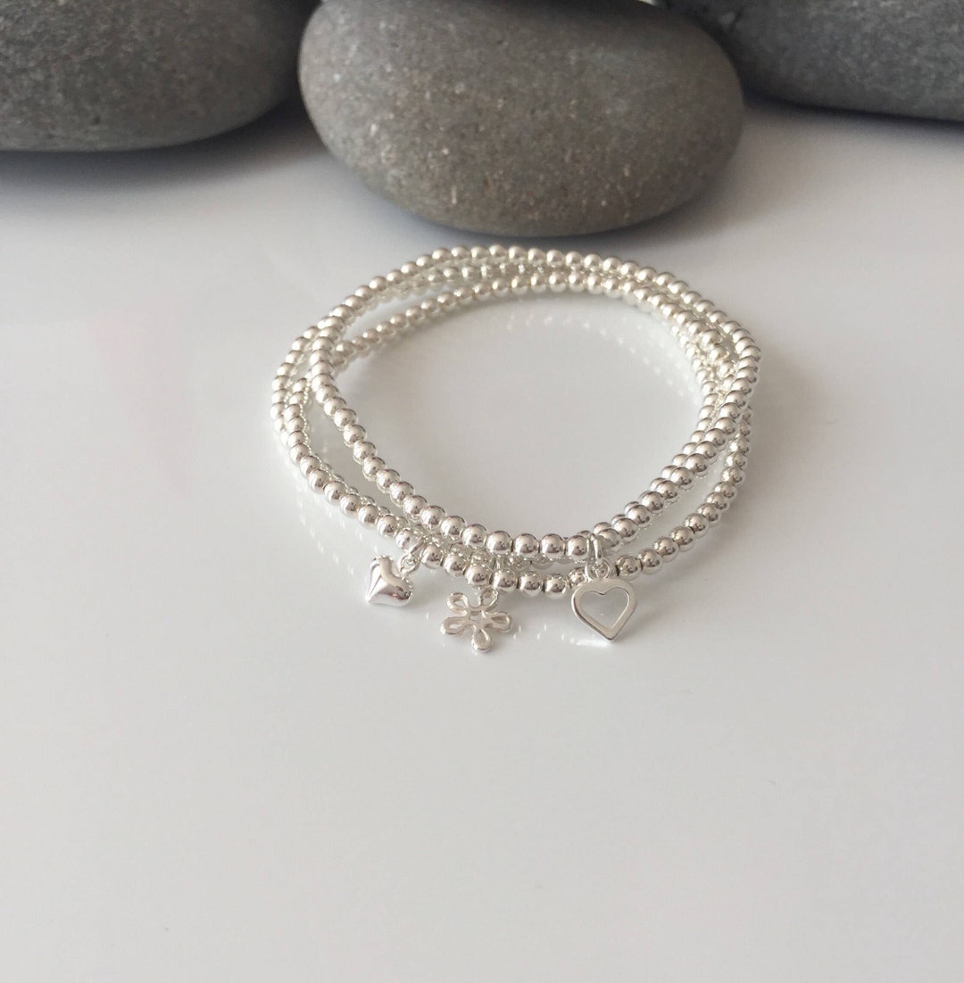 Sterling Silver Stacking Bracelets. Set of 3. Delicate Stacking Bracelets. Silver Charm