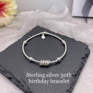 Sterling Silver 50th  bracelet. 50th birthday gift. 50th birthday gift for her. 50th jewellery. Silver Stretch bracelet