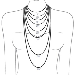 May include: A line drawing of a person's neck and shoulders with a series of necklaces of different lengths. The lengths are labeled in inches: 16", 17", 18", 20", 22", 24", 30", and 36".