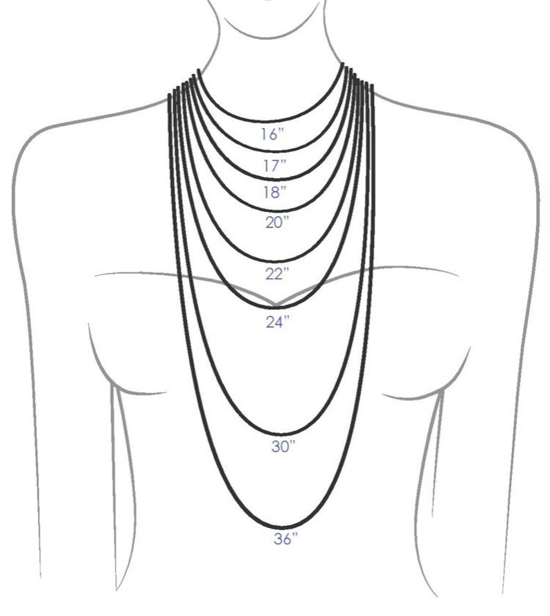 May include: A line drawing of a person's neck and shoulders with a series of necklaces of different lengths. The lengths are labeled in inches: 16", 17", 18", 20", 22", 24", 30", and 36".