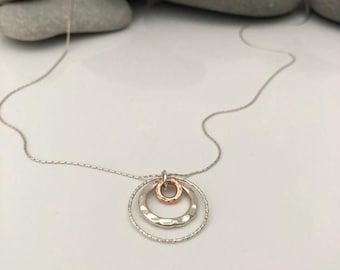 Long silver necklace. Long necklace. Mixed metal Circle necklace . Long silver charm necklace. Silver circle necklace. Long silver pendant