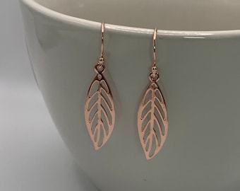 Rose Gold Leaf Earrings, Delicate Cutout leaf dangle earrings