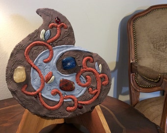 Yin and Yang Carved Stone Sculpture with Blue Agate, Citrine and Red Jasper,  Pietra Stone Art