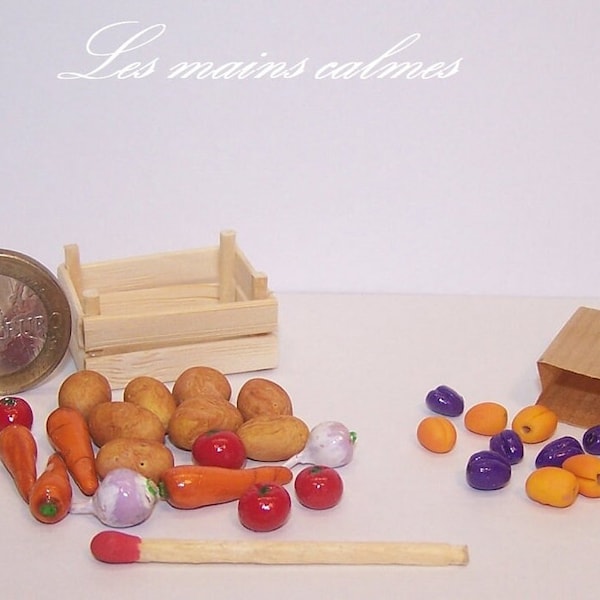 Lot crate of vegetables and bag of miniature fruits 1.12th and 1.10th "Handmade (mine!)"