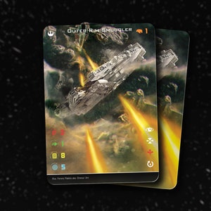 May include: A Star Wars Outer Rim Smuggler card game card featuring a spaceship flying through a nebula with yellow beams of light. The card has a red, green, yellow, and blue icon with numbers 3, 1, 8, and 5. The card also has a white eye icon, a black and white symbol, a red symbol, and a black and white symbol with a circle.