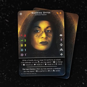 May include: A Star Wars: The Card Game card featuring Barriss Offee, a Conflicted Padawan. The card has a background of space with stars and a portrait of Barriss Offee in the center. The card has a cost of 4 and a text box that reads "While a friendly ship at range 0-2 performs an attack, if the defender is in its , you may spend 1 to change 1 result to a result or 1 result to a result. FINE-TUNED CONTROLS: After you fully execute a maneuver, you may spend 1 to perform a + or action."