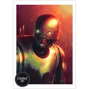 Puede incluir: Una impresión artística digital que presenta una representación detallada del droide K-2SO de la franquicia Star Wars. La obra de arte muestra el cuerpo metálico del droide con una apariencia desgastada, sobre un fondo ardiente, naranja y rojo. La impresión incluye el logotipo del artista.