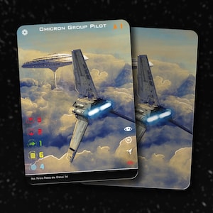 Puede incluir: Una carta de piloto de caza X-Wing de Star Wars con una nave azul y blanca volando a través de las nubes. La carta tiene un icono rojo, amarillo, verde y azul con números. La carta también tiene un icono en blanco y negro con un número. La carta tiene el texto "Omicron Group Pilot" y "Art: Ferenc Petrik aka Drewus Art".