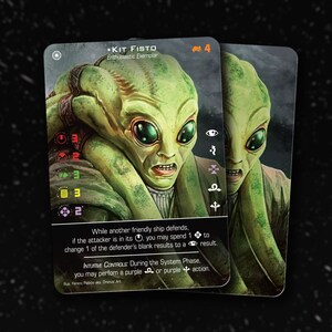 Puede incluir: Un personaje alienígena de piel verde con ojos grandes y una expresión seria. La carta se titula "Kit Fisto" y presenta el texto "Enthusiastic Exemplar".