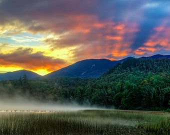 Sunrise Photography, Red Sky, Sunrise Photograph, Lake Placid, Adirondack Mountains, Connery Pond, Nature Photo, Adirondack Art, Home Decor