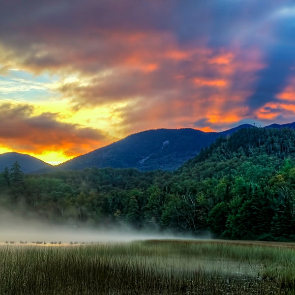 Sunrise Photography, Red Sky, Sunrise Photograph, Lake Placid, Adirondack Mountains, Connery Pond, Nature Photo, Adirondack Art, Home Decor