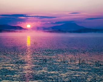 Mountain Sunrise, Landscape Photo, Raquette Lake, Adirondack Mountains, Colored Skies, Fine Art Photography, Raquette Sunrise Print