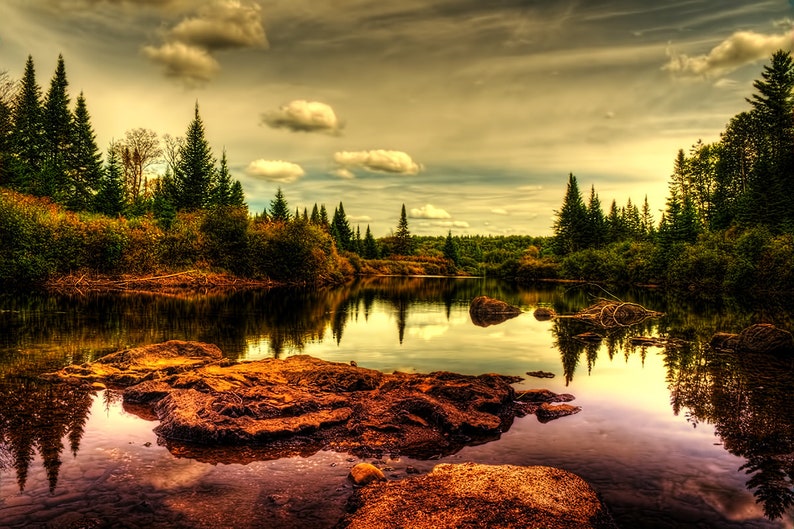 May include: A tranquil forest scene with a still lake reflecting the surrounding trees and clouds. The water is a deep blue with a hint of green, and the sky is a soft blue with white clouds. The trees are a mix of evergreens and deciduous trees, and the leaves are a mix of green, yellow, and brown.