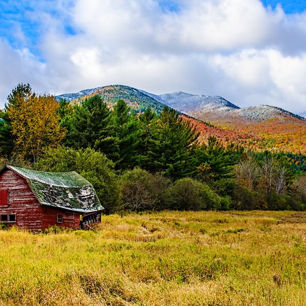 Old Barn Photo, Keene Valley Barn, Adirondack Photograph, Fall Foliage, Landscape Art, Mountain Photo, Nature Print, Keene Valley Photo