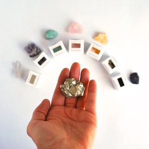 May include: A hand holding a gold-colored pyrite crystal. The crystal is surrounded by small boxes containing various colored crystals.