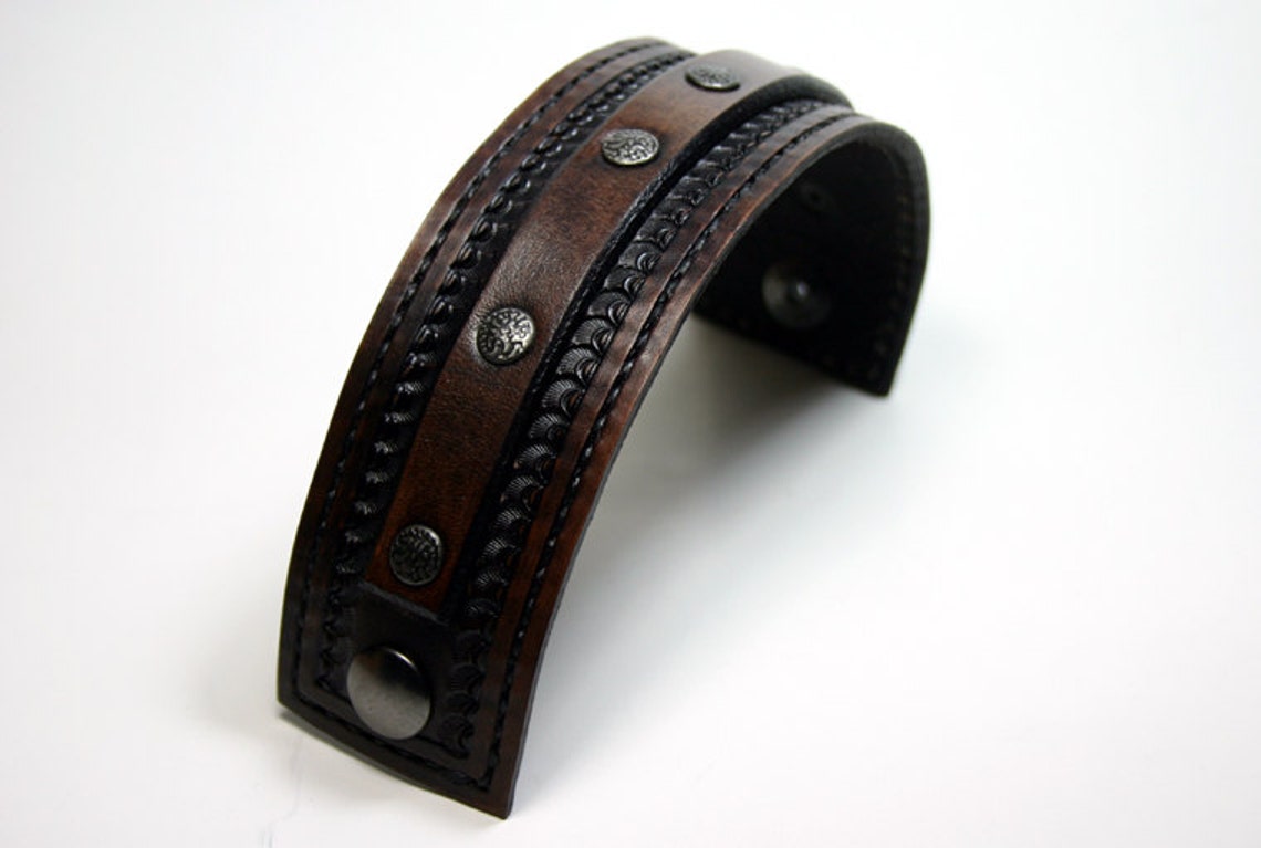 Mens Leather Wrist Cuff With Textured Rivets. Black Leather Etsy