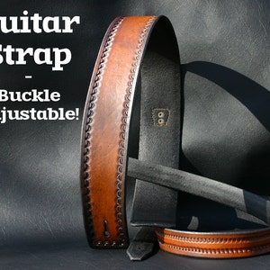 Leather Guitar Strap / Vintage Leather Brown Guitar Strap With Silver Floral Buckle / Tooled Leather Edges Fully Adjustable!