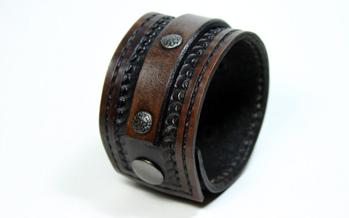 Mens Leather Wrist Cuff With Textured Rivets. Black Leather Etsy