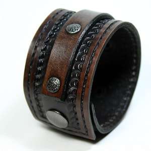 Mens Leather Wrist Cuff With Textured Rivets.  Black Leather Wrist Cuff, Wide Cuff With Antique Nickel Snap!