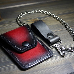Cartera de cuero rojo con cadena / Cartera delgada para tarjetas con cadena de 18" / Carteras de cuero PegCity hechas para llevar fácilmente / Carteras de cuero unisex para tarjetas