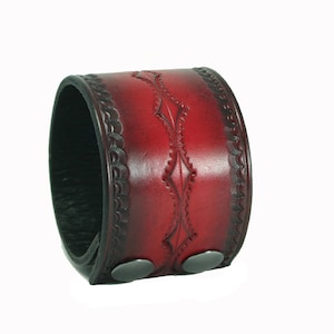 Red Leather Wristcuff / Wide Cuff Red Leather With Black Edges / Custom Tooled Design Double Snap Unisex Bracelet / PegCity Leather Designs