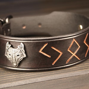 Customized Runic Dog Collar With Viking Wolf Conchos, Runes Style Dog Collar Customized for Your Dog&#39;s,  Strong Quality Leather Dog Collar