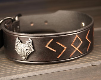 Customized Runic Dog Collar With Viking Wolf Conchos, Runes Style Dog Collar Customized for Your Dog,  Strong Quality Leather Dog Collar!