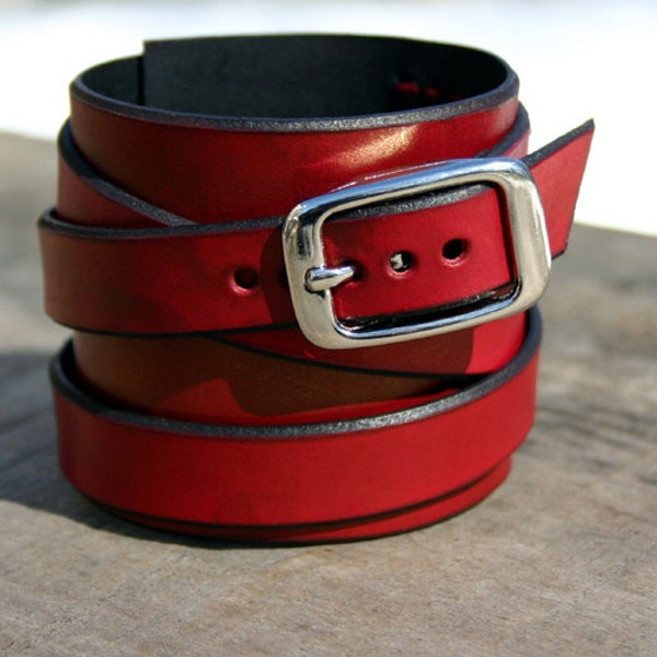 Red Leather Cuff / Leather Wraparound Wristcuff With Nickel Buckle / Leather Bracelet Wrapped Style!