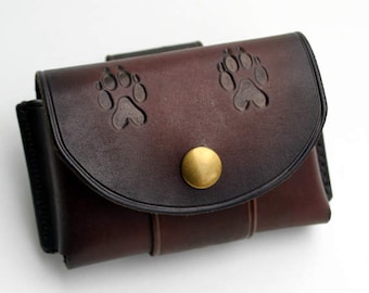 Brown Leather Belt Pouch / Wolf Print Design Belt Pouch / Altoids Tin Pouch With Belt Loop And Double Wolf Paw Prints!  Bushcraft Belt Pouch