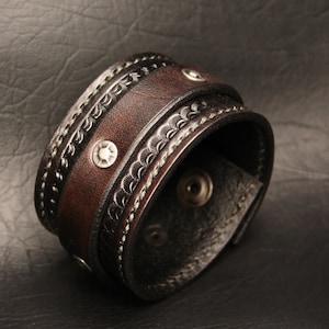 Mens Leather Wrist Cuff With Textured Rivets.  Black Leather Wrist Cuff, Wide Cuff With Antique Nickel Snap!