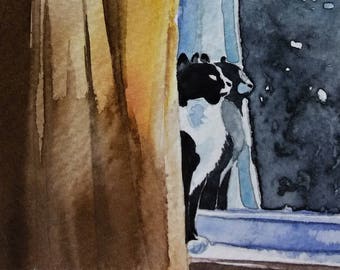 Miniature Art, Art Card, Cats & Windows, Original Watercolor Painting, Original Watercolor Artwork, 12,5x17,5 cm