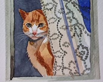 Miniature Art, Art Card, Cats & Windows, Original Watercolor Painting, Original Watercolor Artwork, 12,5x17,5 cm