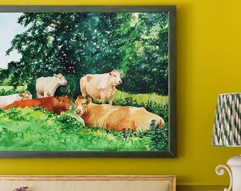 Aquarelle sur papier imprimable, illustration aquarelle originale, aquarelle vaches, 48 x 36 cm