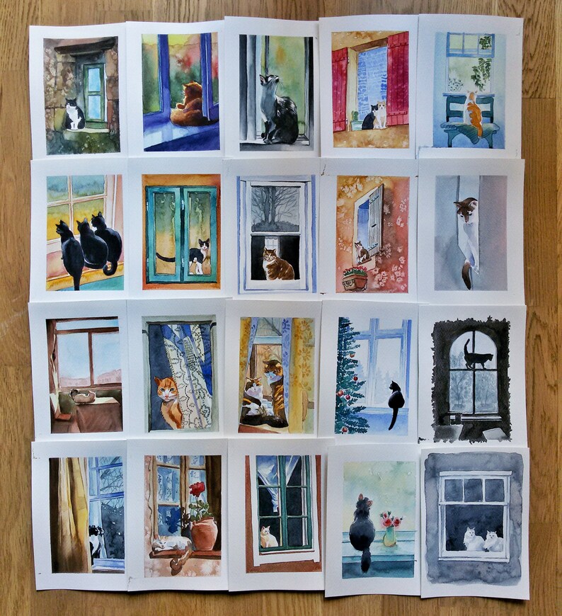 Cats /& Windows Miniature Art Original Watercolor Painting 12,5x17,5 cm Art Card Original Watercolor Artwork