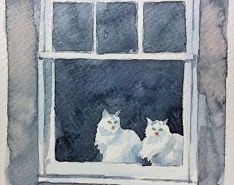 Miniature Art, Art Card, Cats & Windows, Original Watercolor Painting, Original Watercolor Artwork, 12,5x17,5 cm