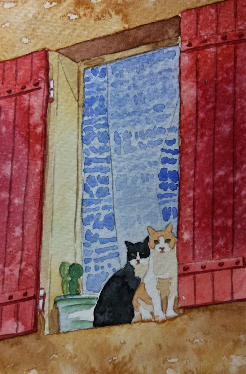 Cats /& Windows Miniature Art Original Watercolor Painting 12,5x17,5 cm Art Card Original Watercolor Artwork