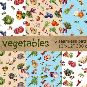 May include: Six seamless digital paper patterns featuring watercolor illustrations of various vegetables, fruits, and herbs. The patterns are on a white, light blue, and beige background. The text "vegetables 6 seamless patterns 12"x12" 300 dpi" is on a brown background.