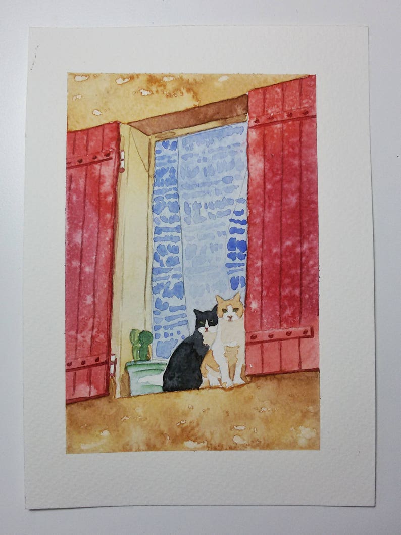 Cats /& Windows Miniature Art Original Watercolor Painting 12,5x17,5 cm Art Card Original Watercolor Artwork