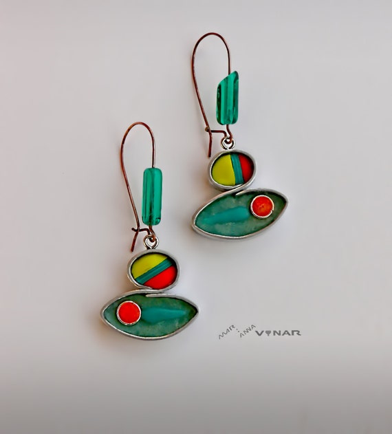 Colorful dangle earrings, fish shape? Emerald green eyecatching earrings, Long metal framed earrings Unique gift for her