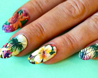 Tropical Paradise Beach Flower Print Nail Decals - Waterglijbaan Transfers voor uw klauwen