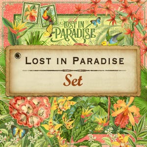 May include: A decorative set with a tropical theme. The design features the text "Lost in Paradise" in a vintage style, surrounded by colorful flowers, butterflies, and stamps. The color palette includes shades of green, pink, yellow, and orange.