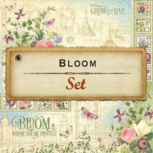 May include: A vintage-style paper crafting set with a floral theme. The set includes patterned papers, stickers, and embellishments. The title card reads "Bloom Set".
