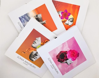 May include: Four square white cards featuring artistic collages with vibrant orange, pink, and red hues. Each card displays the text SONIA WASHBURN SYDNEY and includes imagery of human faces, floral elements, and abstract shapes in a layered composition.